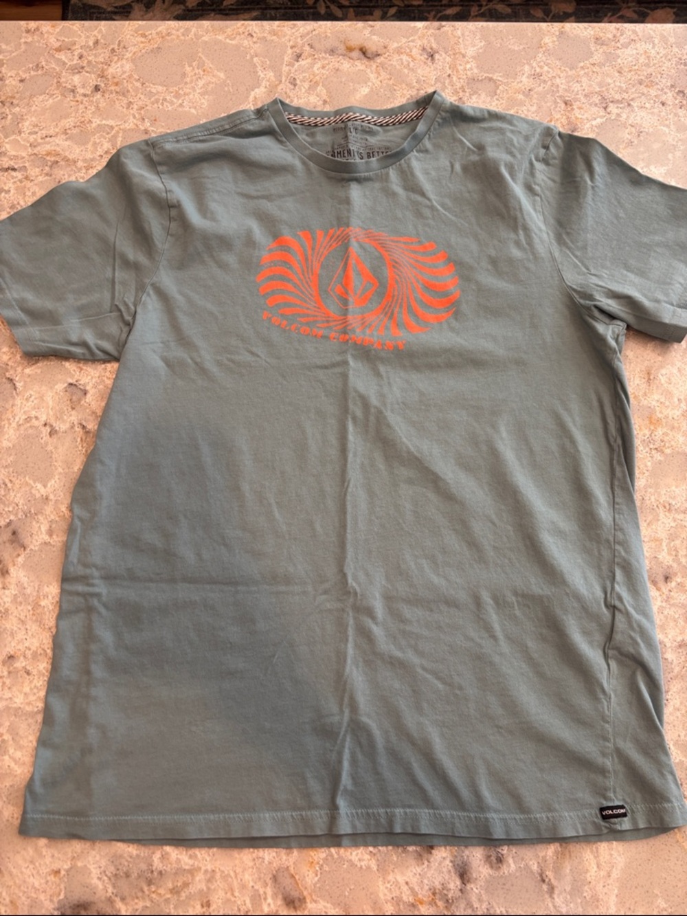 Volcom graphics t-shirt light blue/greenish. Orange graphic logo men’s L